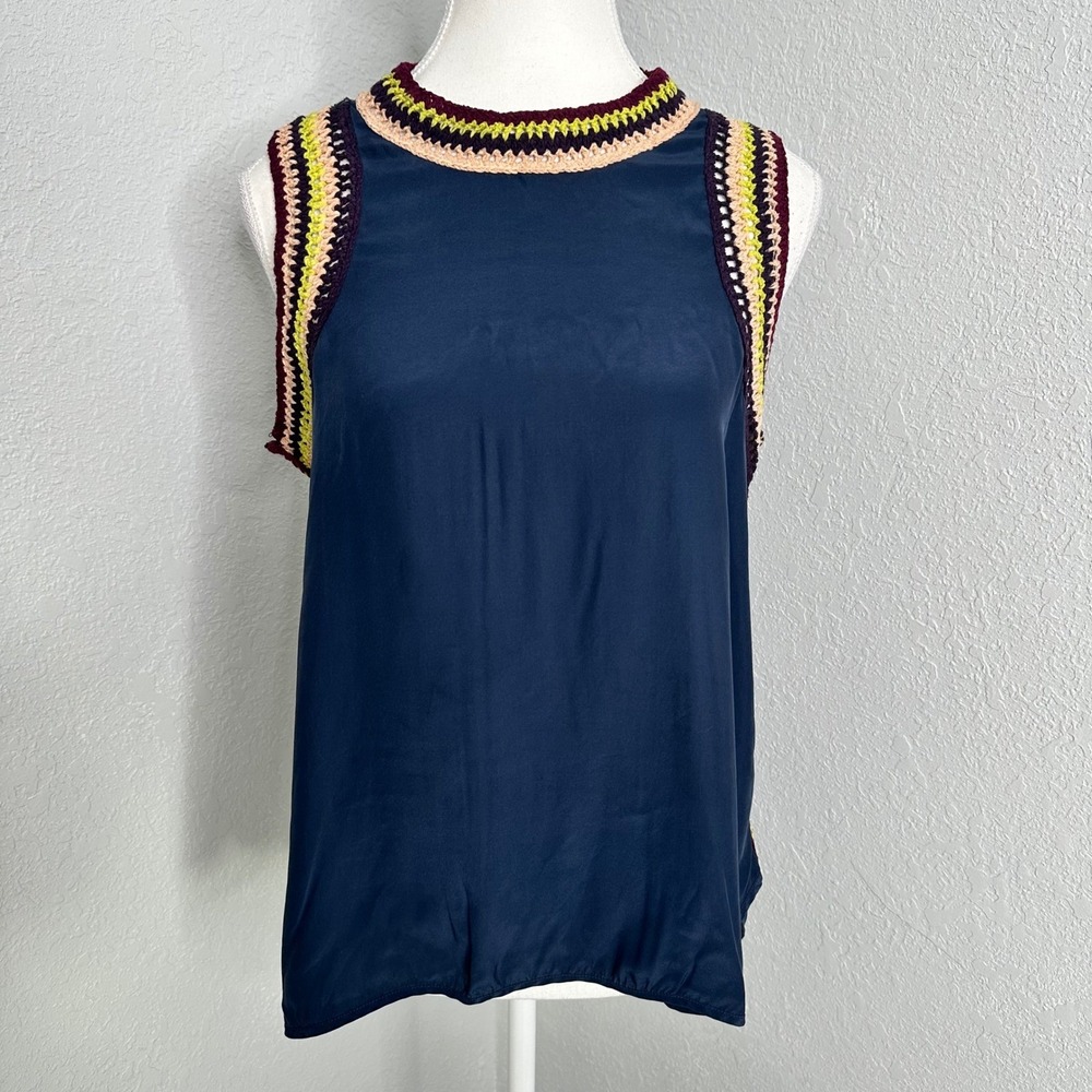 Elizabeth and James Navy Blue Silk Crochet Trim‎ Sleeveless Mock Neck Top XS